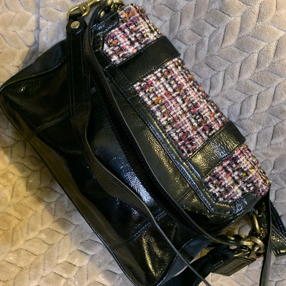 Coach Tweed Crossbody with Black Patent Trim